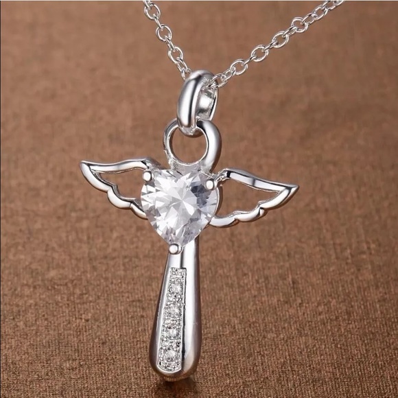 Sterling Silver Crystal Cross Angel Wings Necklace NEW - Picture 6 of 9